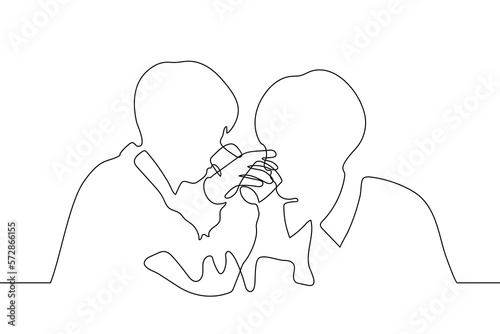 two men drink from glasses embracing their hands, they drink on a brudeschaft - one line drawing vector. the concept of drinking for friendship