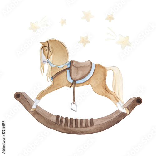 Watercolor illustration of vintage cute fairy tale children's toy rocking horse, stars, isolated