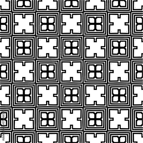 Vector geometric seamless pattern. Minimal ornamental background with abstract shapes. Black and white texture. Simple abstract ornament background. Dark repeat design for decor, fabric, cloth. © t2k4