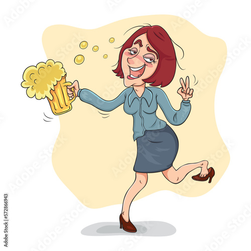 Cartoon funny drunk female office worker, illustration vector 