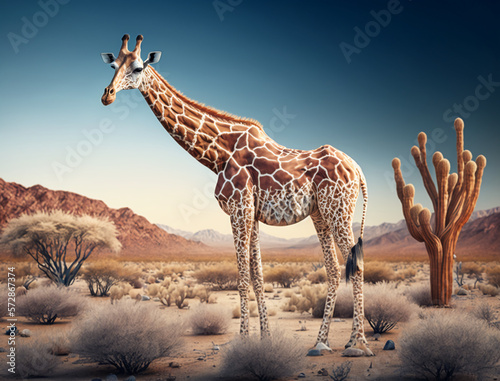 giraffe in the wild enjoys nature  Bright sky desert sight Sahara  hot Atmosphere  HQ landscape  photorealistic  ultra photoreal  ultra-detailed  blur  4K  Animal Wallpaper  wildlife Background  AI