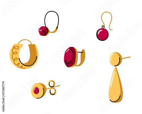 Golden hoop earrings doodle hand drawn flat illustration hand made jewelry concept.