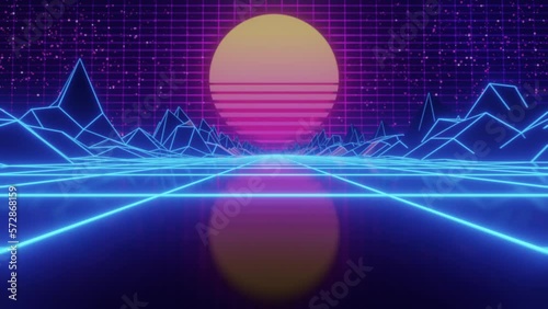 Synthwave Sunset. Animated Background. 80s Sun. Wireframe Landscape. Retro Future Perspective Grid. Retrowave Style. Sci-fi Abstract Backdrop. 3d render. Seamless loop