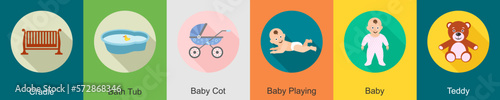 A set of 6 Baby icons as cradle, bath tub, baby cot