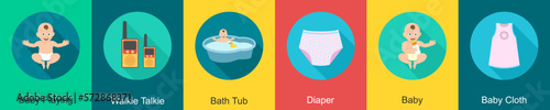 A set of 6 Baby icons as baby playing, walkie talkie, bath tub