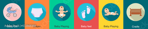 A set of 6 Baby icons as baby cot, diaper, baby playing