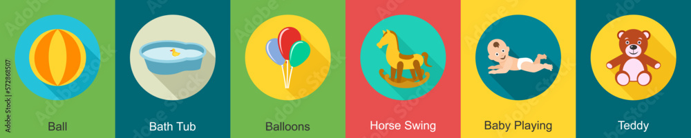 A set of 6 Baby icons as ball, bath tub, balloons