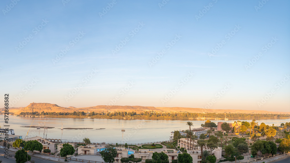 Aswan, Egypt; February 17, 2023 - A view of the Nile at Aswan, Egypt