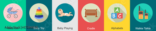A set of 6 Baby icons as baby cot, baby toy, baby playing