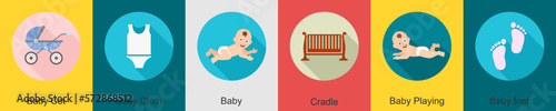 A set of 6 Baby icons as baby cot, baby cloth, baby