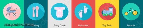 A set of 6 Baby icons as baby cot, cutlery, baby cloth photo