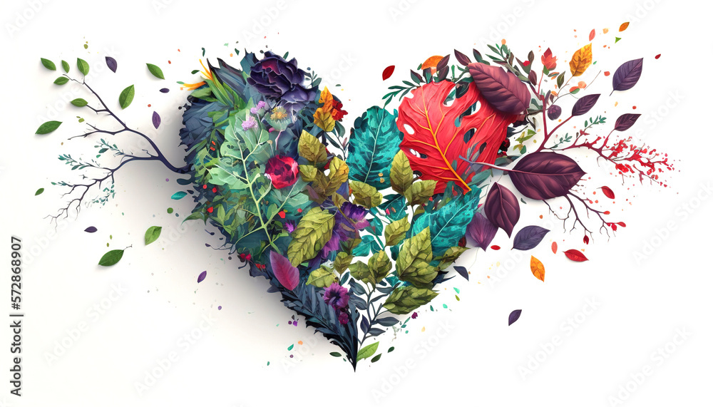 Heart shaped with leaves and colored flowers on a white background. AI technology generated image