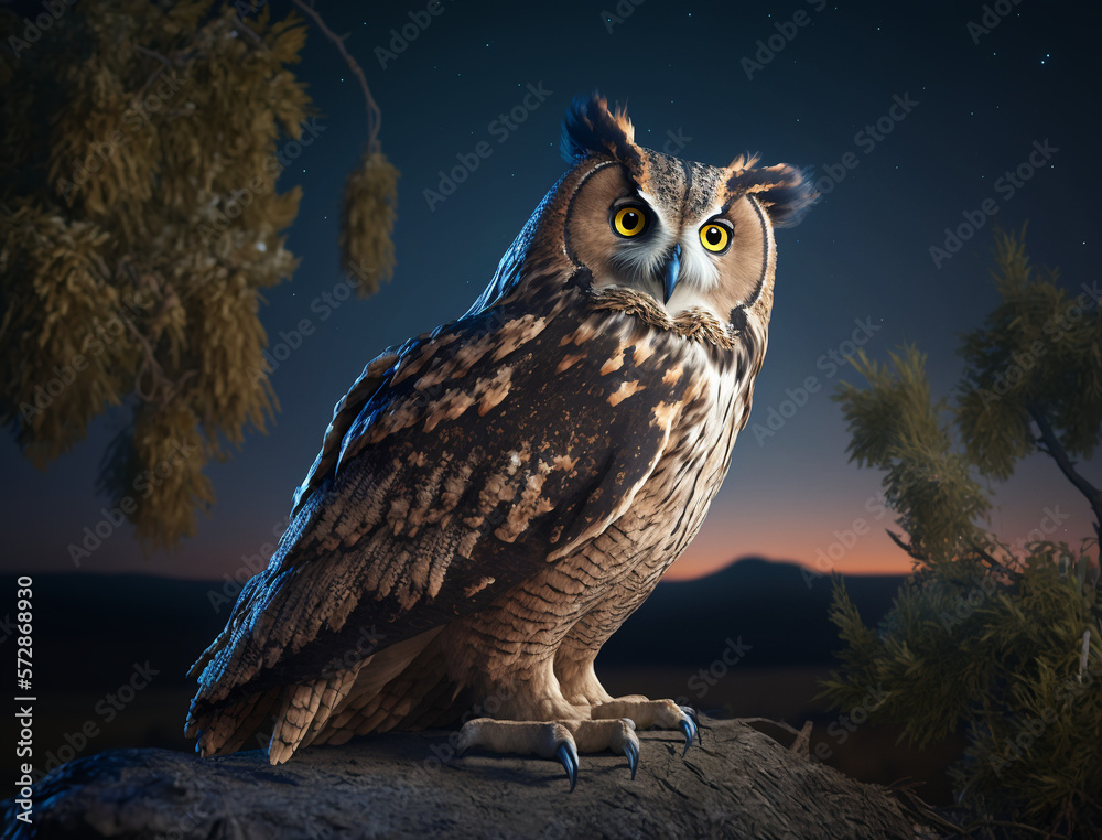 great horned owl in flight at night especially enjoys nature, black sky ...
