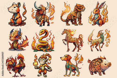 Collection Vector of Fire Hot Twelve Chinese Zodiac Year Astrological Signs and Symbol on White Background