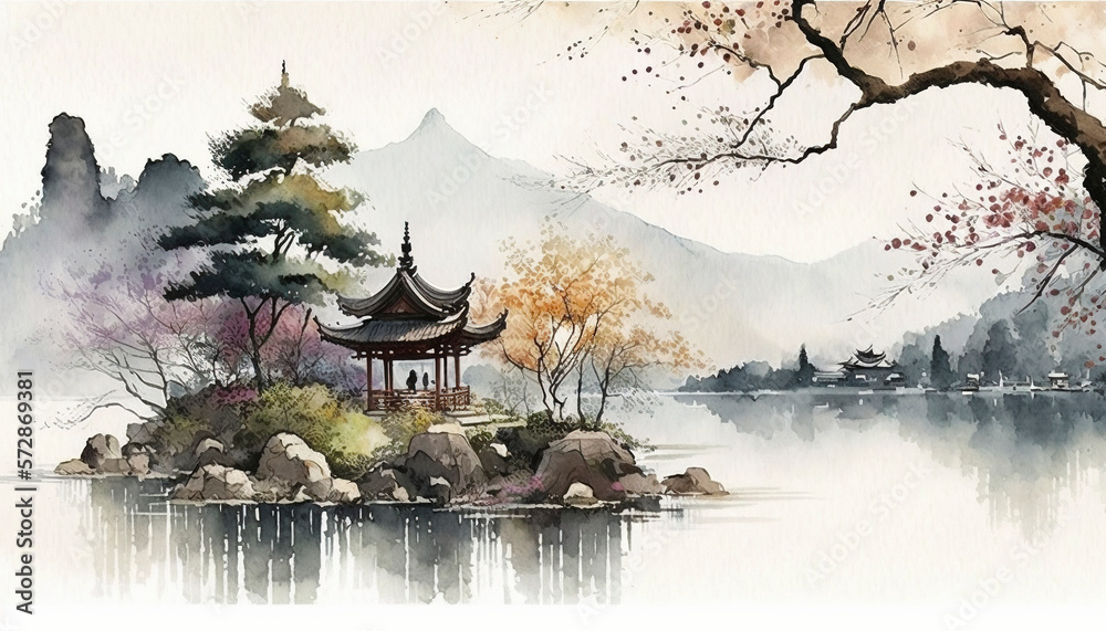 landscape and natural scenery in watercolor style. AI technology generated image, landscape and natural scenery in watercolor style. AI technology generated image,