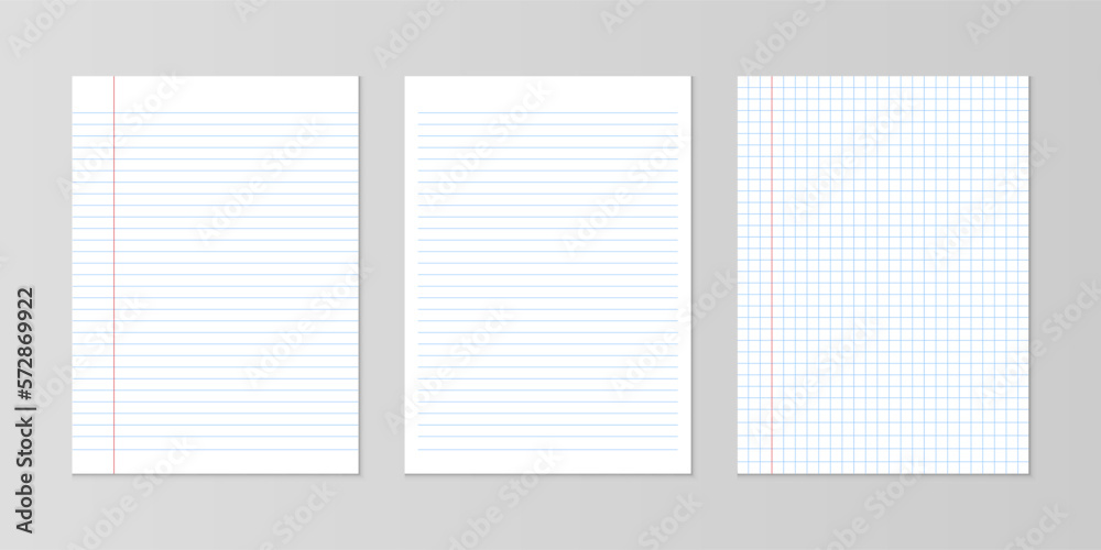 Set of realistic vector illustrations of square, notebook sheet and lined paper sheets of blocks isolated on gray background. Set of realistic vector illustrations of square, notebook sheet and lined paper sheets of blocks isolated on gray background.