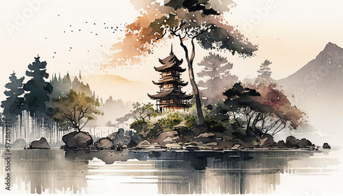 landscape and natural scenery in watercolor style. AI technology generated image   