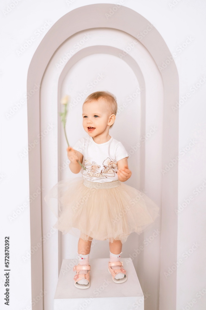 Baby girl elegant dress. A one-year-old girl in a puffy skirt and a white T-shirt poses against the backdrop of a bright room with a yellow tulip in her hand Baby girl elegant dress. A one-year-old girl in a puffy skirt and a white T-shirt poses against the backdrop of a bright room with a yellow tulip in her hand