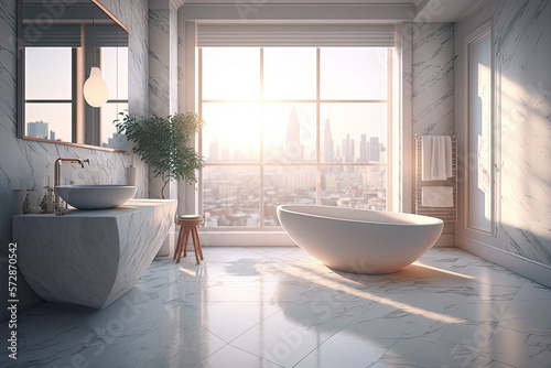 A luxurious bathroom with marble floors, a freestanding tub, and a stunning view of the city. Luxurious apartment background with contemporary design. Modern interior design. Generative AI © Postproduction