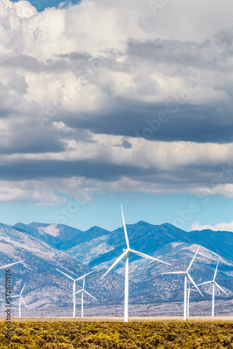 Wind powered turbines in the desert.