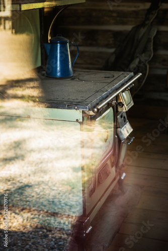 Stove through the window of Butch Cassidy's childhood home. photo