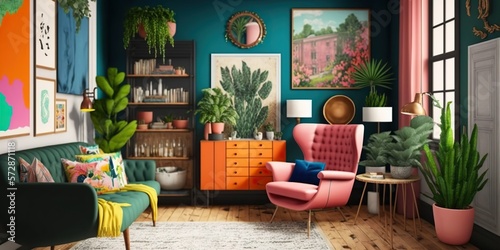 maximalist office space with eclectic mix of furniture colorful accents and bold wall art, concept of Luxurious Layering and Vibrant Visuals, created with Generative AI technology photo