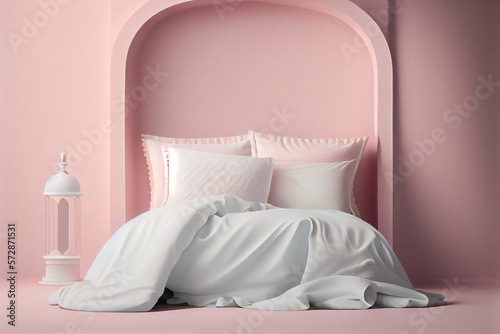 A minimalist bedroom bed with white clean linens  comfy pillows and quilt on a pink delicate wall background  a copy place. Generative AI