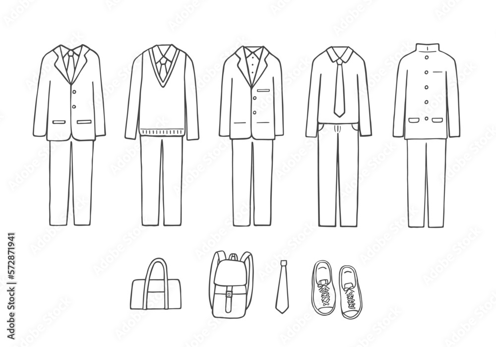 男子の制服の手描きイラストセット(モノクロ) 男子の制服の手描きイラストセット(モノクロ)