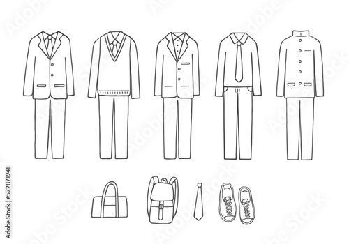 男子の制服の手描きイラストセット（モノクロ）