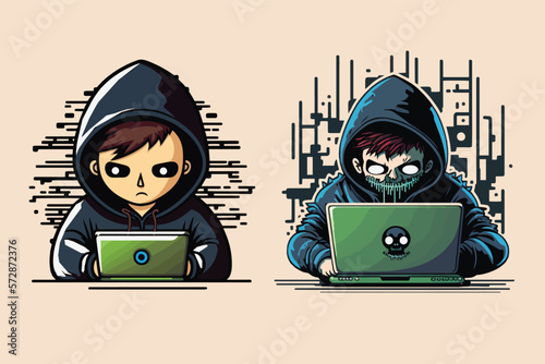 Black Hacker wear Black Hood Hacking Cyber Attack via Notebook in Set of Vector.