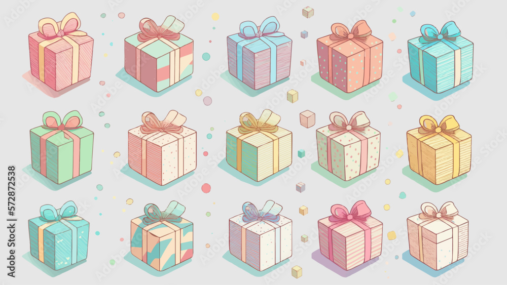 Gift boxes with various pastel color and pattern of wrapping paper (with colorful ornaments) in set of vector Gift boxes with various pastel color and pattern of wrapping paper (with colorful ornaments) in set of vector