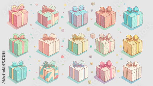 Gift boxes with various pastel color and pattern of wrapping paper (with colorful ornaments) in set of vector