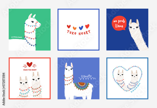 Cute llamas and slogans for poster, greeting, party decor cards