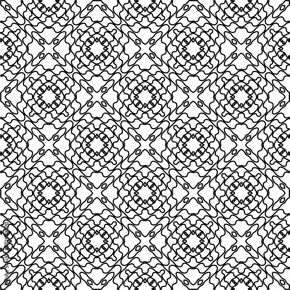 Fototapeta premium Monochrome ornamental texture with smooth linear shapes, zigzag lines, lace pattern.Abstract geometric black and white pattern for web page, textures, card, poster, fabric, textile.