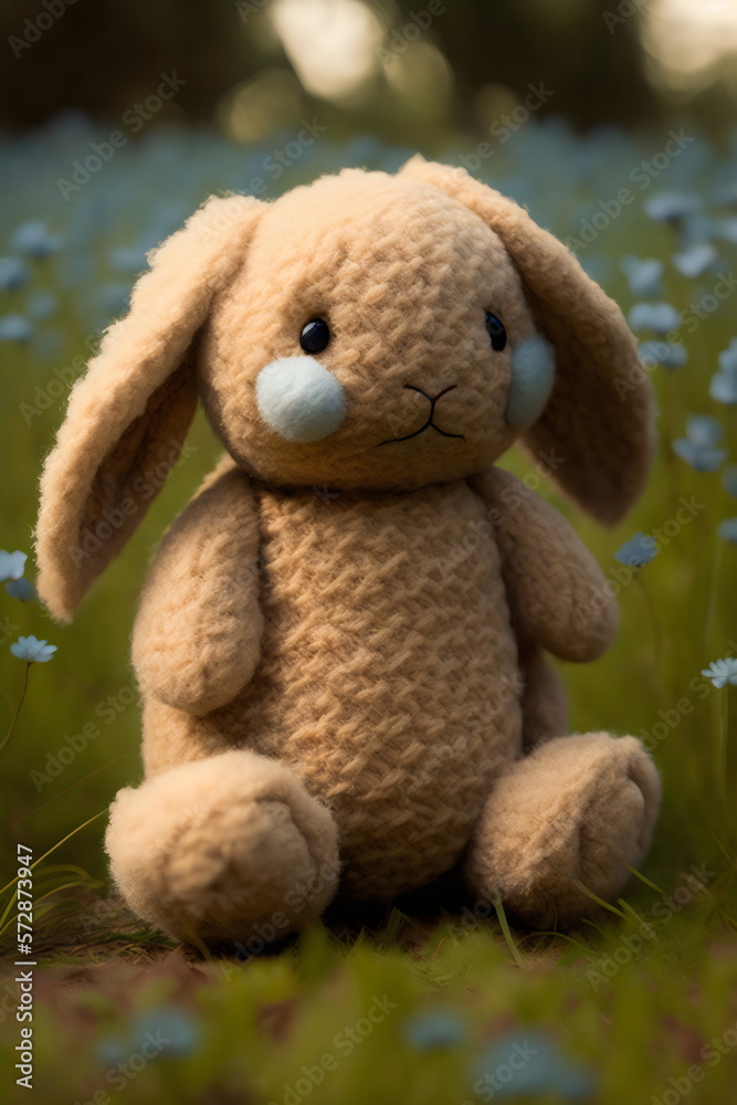 cute plush brown easter bunny rabbit toy in flower field created with generative ai cute plush brown easter bunny rabbit toy in flower field created with generative ai