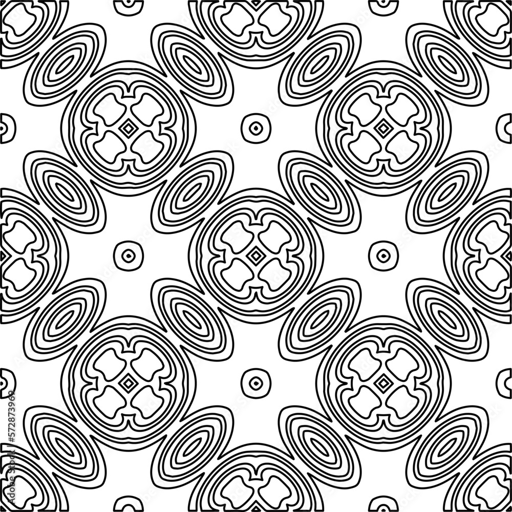 Fototapeta premium Monochrome ornamental texture with smooth linear shapes, zigzag lines, lace pattern.Abstract geometric black and white pattern for web page, textures, card, poster, fabric, textile.