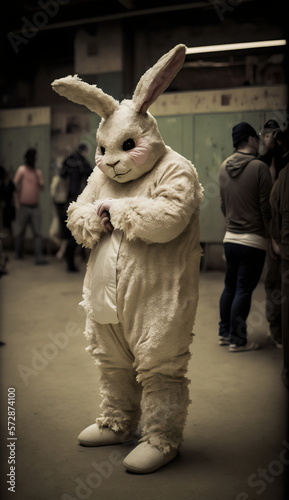 person wearing creepy easter bunny rabbit costume created with generative ai