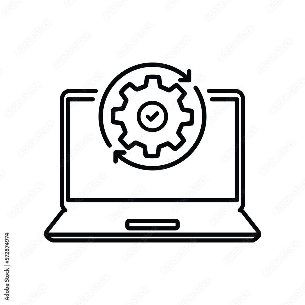 thin line laptop and gear wheel like update. lineart style trend modern minimal logotype stroke art design web element isolated on white background. concept of development or devops service badge thin line laptop and gear wheel like update. lineart style trend modern minimal logotype stroke art design web element isolated on white background. concept of development or devops service badge