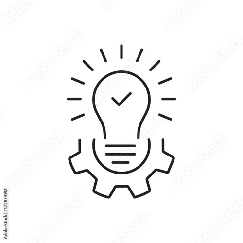 black bulb and gear like effective solution icon. concept of abstract tech done efficacy symbol. flat linear trend modern simple stroke cogwheel logotype design web element isolated on white