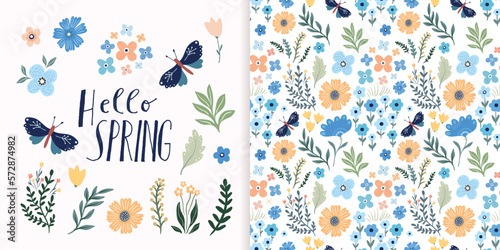 Hello Spring set with seamless pattern and beautiful collection of seasonal elements, butterflies, flowers and plants