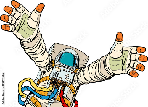 joy greeting astronaut hugs, friendly meeting, good friend extraterrestrial contact
