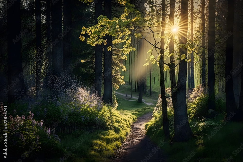 Fototapeta premium photos Beautiful forest in spring with bright sun shining through the trees photography made with Generative AI