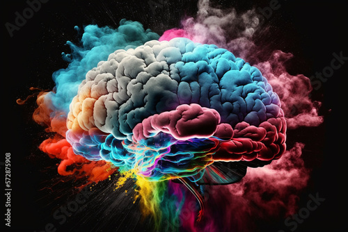 An illustration of a brain with colorful powder explosion, related to mental health, creativity, innovation, and ideas. AI generated.