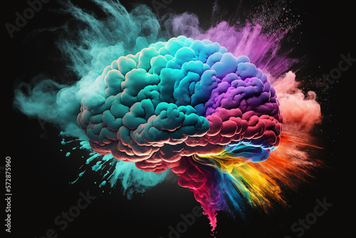 An illustration of a brain with colorful powder explosion, related to mental health, creativity, innovation, and ideas. AI generated.