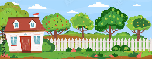 Horizontal banner with summer country landscape. Country house with fruit garden. Apple trees, pear trees. Harvest. Summer day. Farm. Vector illustration in flat style.