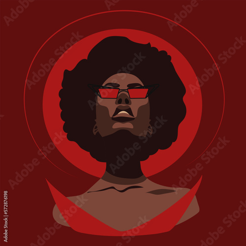 Wallpaper Mural A modern African woman in retro red glasses and jewelry. A curly-haired African-American woman looks at you with glasses on a red background. Vector illustration of a beautiful strong woman. Devil Torontodigital.ca