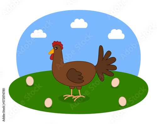 Illustration of a brown hen and eggs with green meadow and blue sky