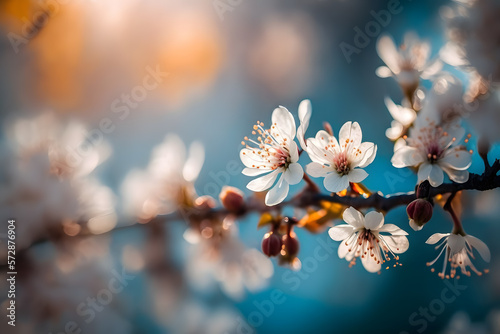 Photos Branches of blossoming cherry macro with soft focus on gentle light blue sky background in sunlight with copy space. Beautiful floral image of spring nature, photography made with Generative AI