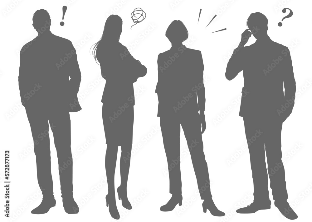 悩む・ひらめくビジネスパーソンのシルエットイラストセット(男女・感情表現・吹き出し付き)