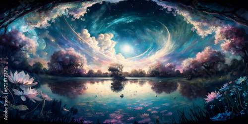 magical fantasy waterscape with flowers and swirling cloud nebula created with generative ai 